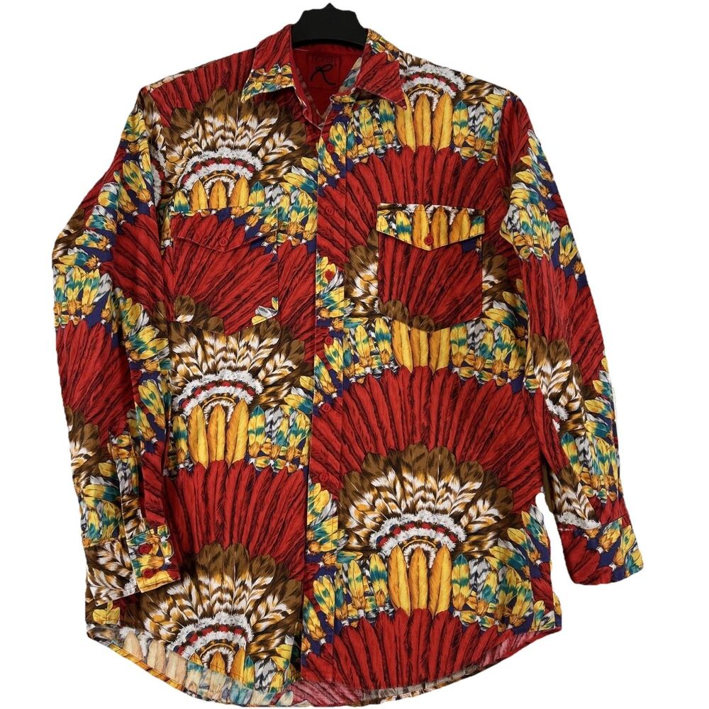 Vtg Roper Native American Red Feathered Long Sleeve Western button-down shirt, L